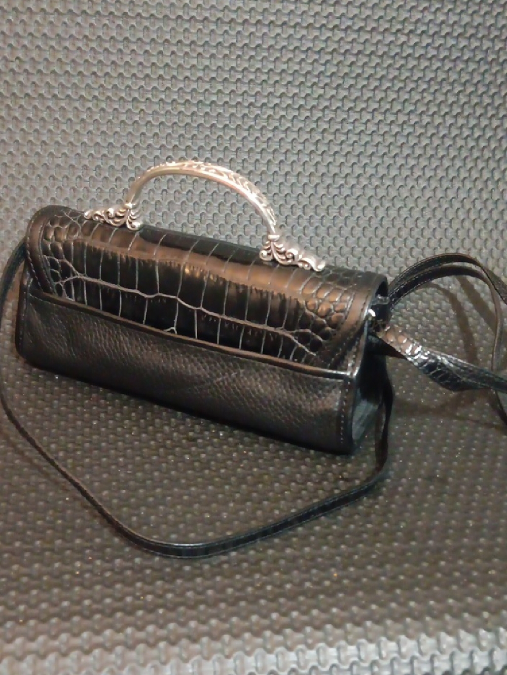 Black Croc-Embossed Leather Shoulder Bag with Silver Hardware - Picture 2 of 7